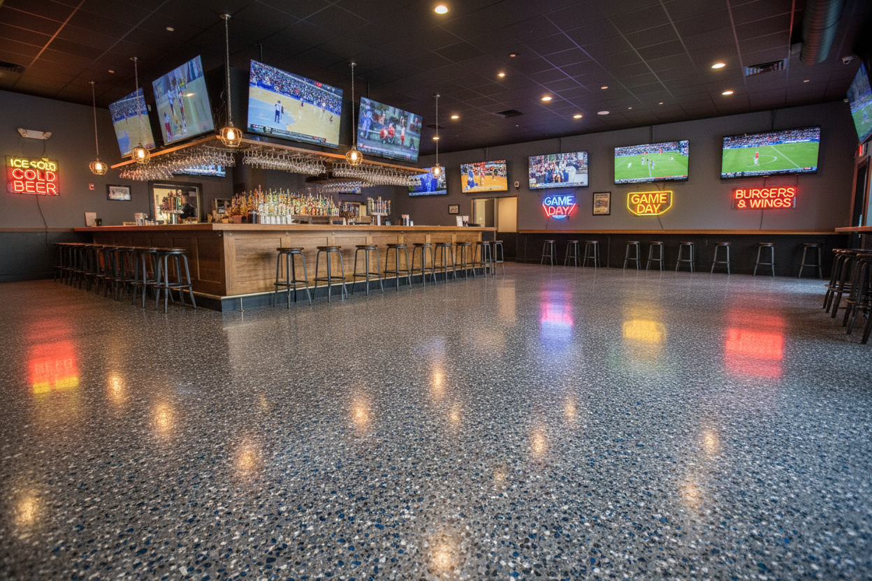 Epoxy flake flooring in sports bars can add a sporty appeal!